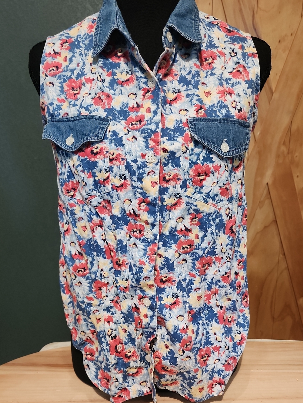 Sleeveless Floral Denim-Accent Girls Blouse - Blue Multi